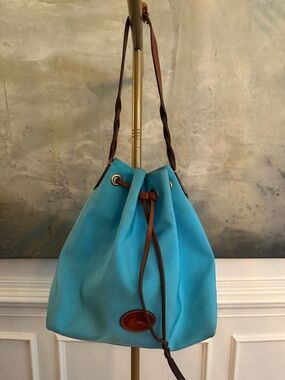 Dooney & Bourke Turquoise Drawstring Shoulder Bag with Brown Leather Trim